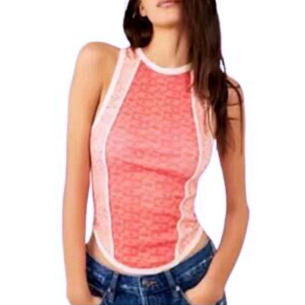 Free People Coral Pink Lace Trim Tank